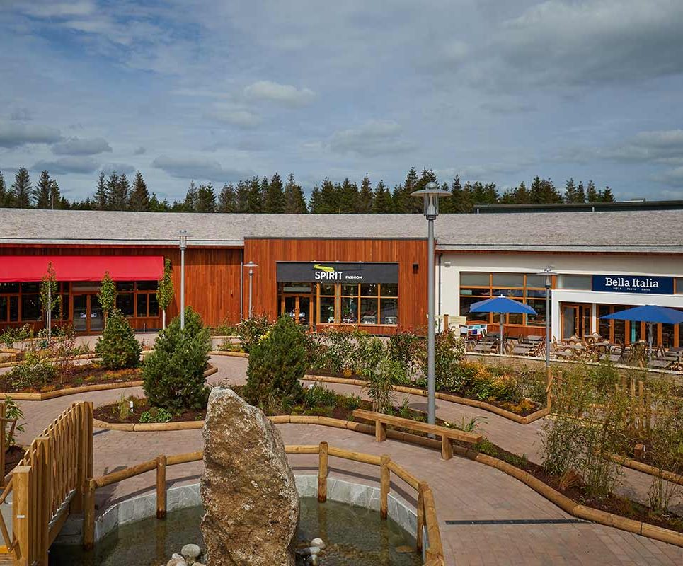 Exterior view of outlets in the village square at Longford Forest 