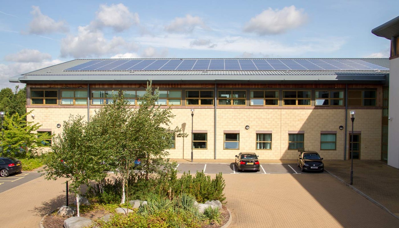 Solar panels on the roof of the Center Parcs Head Office building 