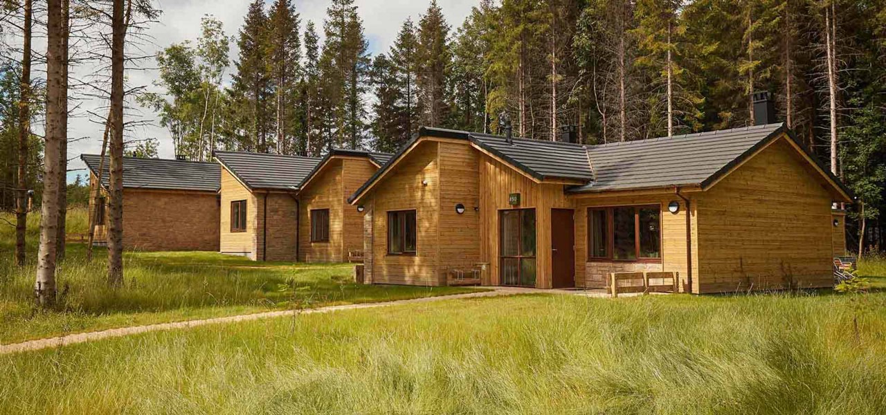 Exterior view of a lodges with trees at the back of them