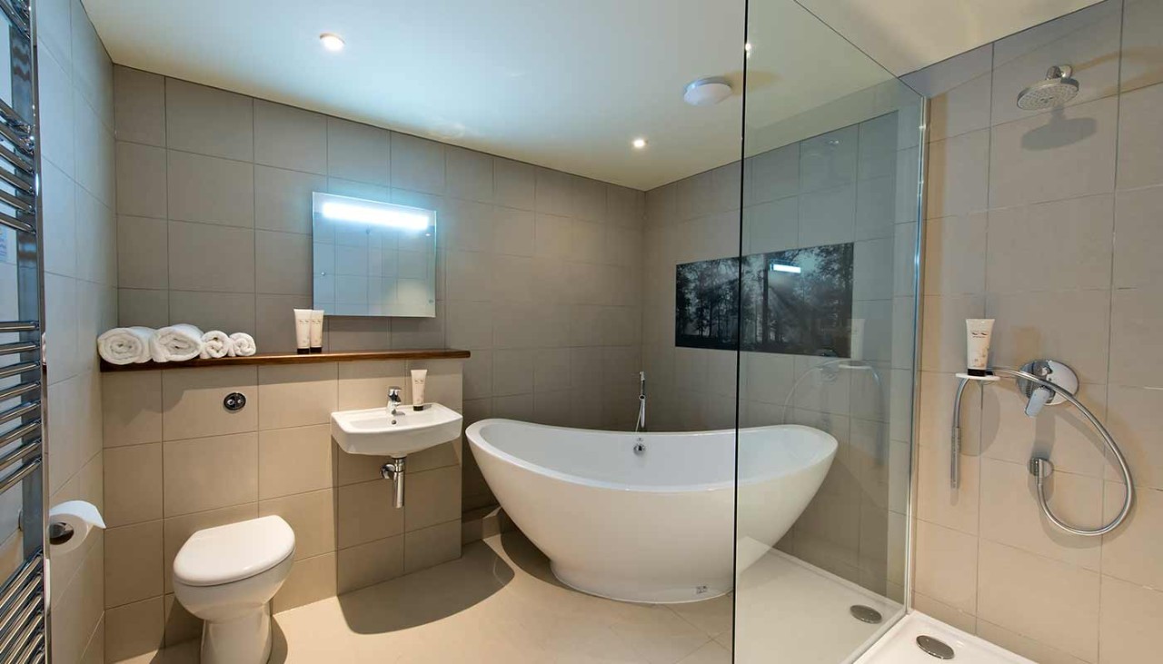 Bathroom with a large bath and walk-in shower