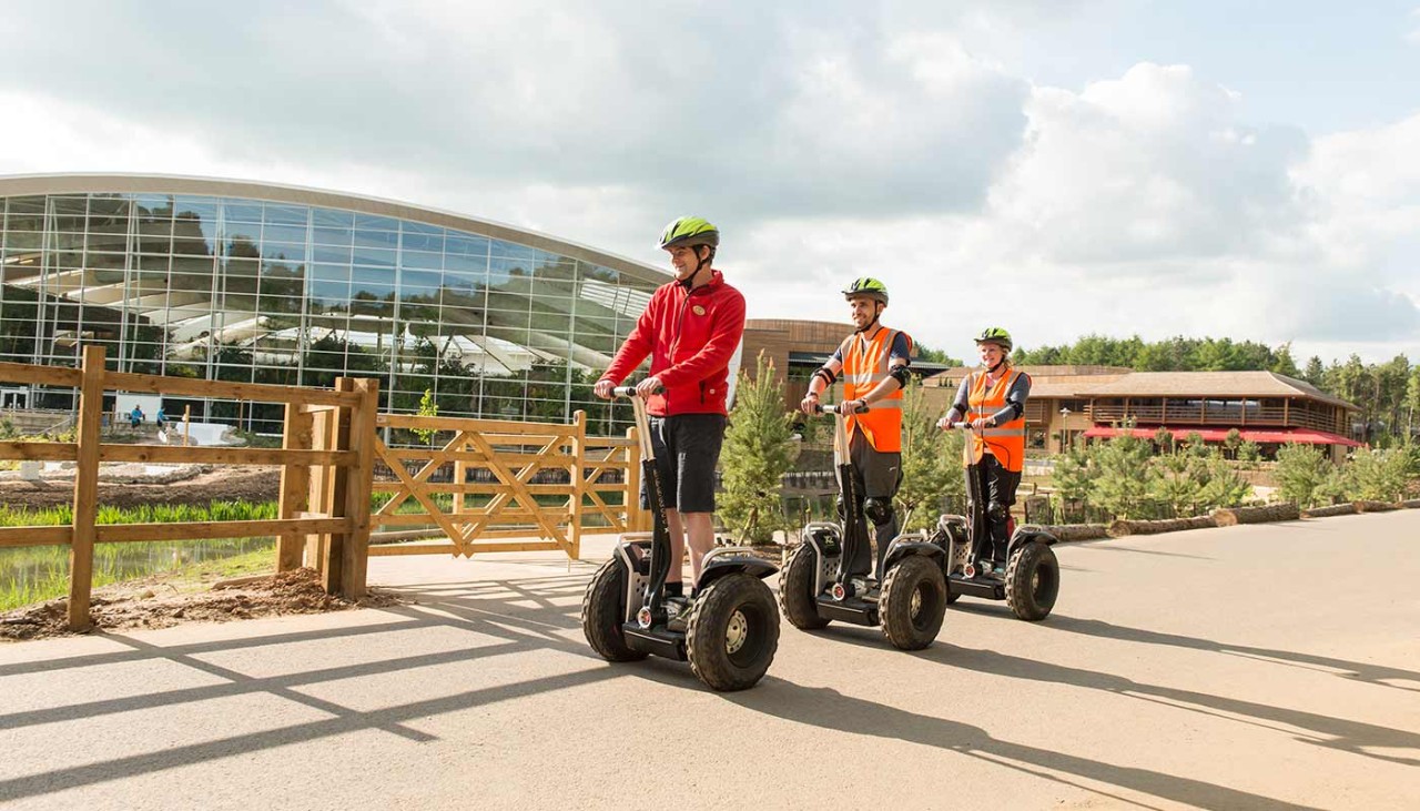 A Center Parcs guide and two people wearing hi-vis jackets  riding on segways around the forest 