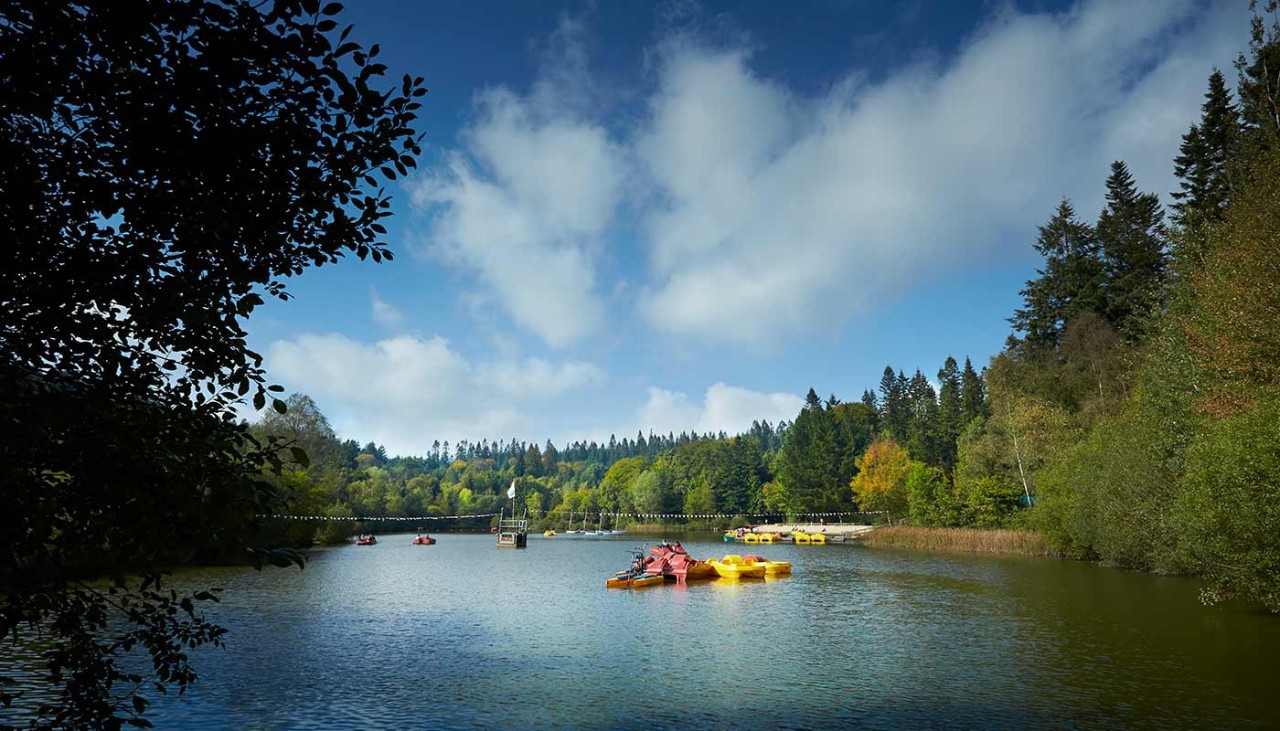 View of Longleat Forest lake with boats on it, beach in the distance and trees surrounding  
