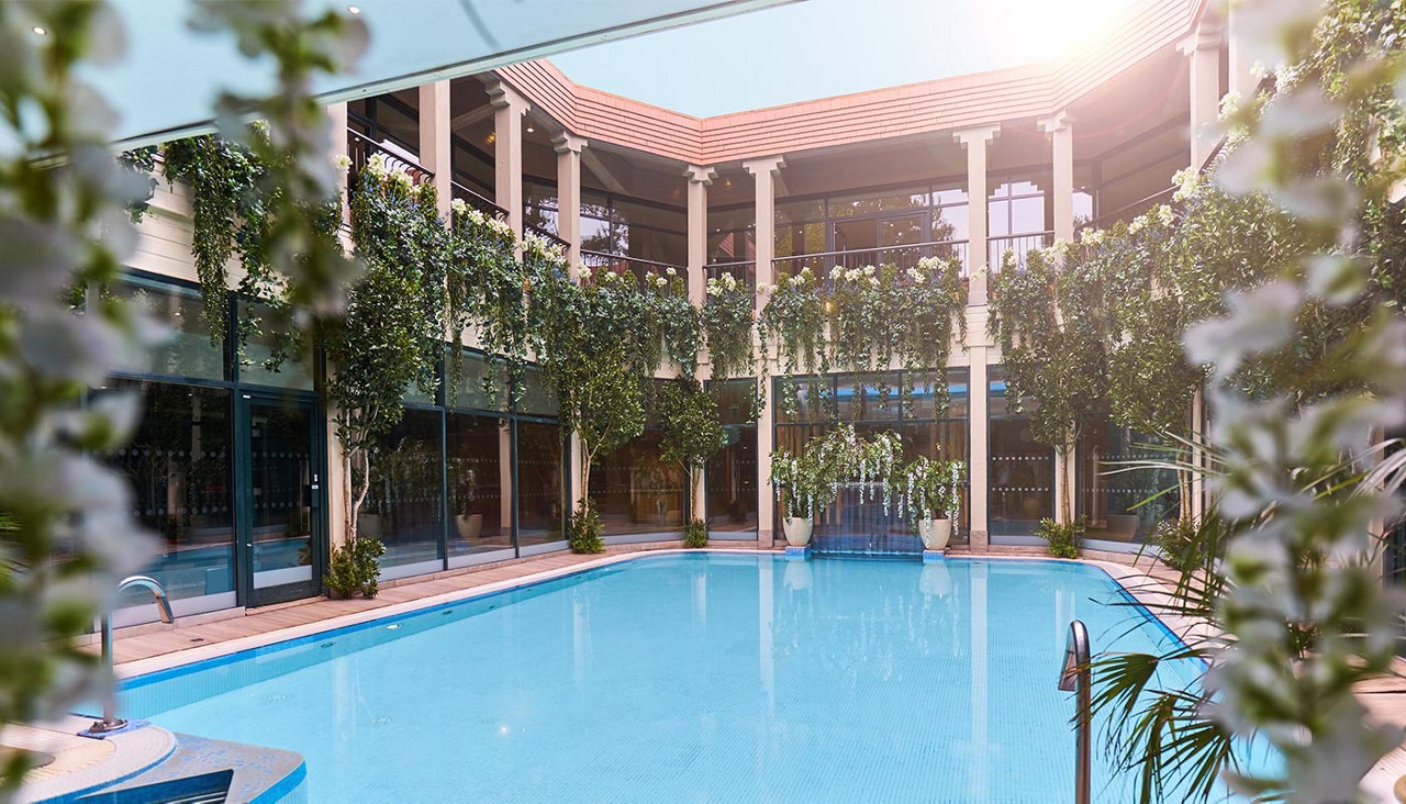 Swimming pool reflects sunlight, sitting still in a courtyard. Surrounding glass-walled building with columns and balconies is draped in hanging vines and potted plants, creating a serene, enclosed garden setting.