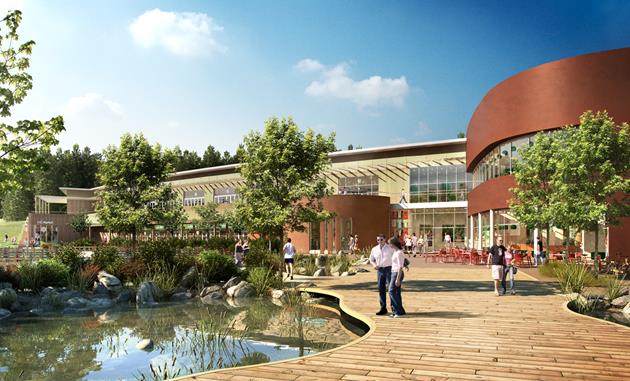 Digital image of the look of the exterior view of Sports Plaza at Woburn Forest