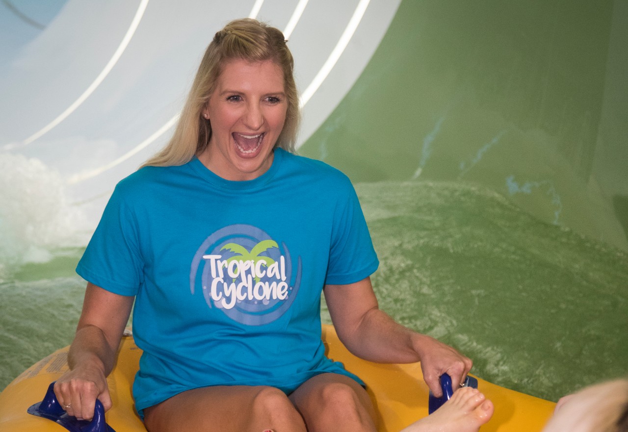 Rebecca Adlington on the Tropical Cyclone raft ride