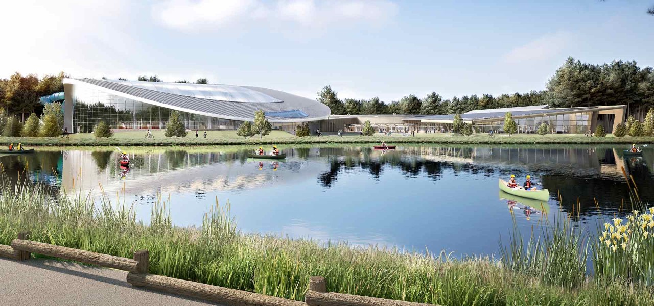 Digital image of the look of the exterior of Subtropical Swimming Paradise at Longford Forest with lake in front of it