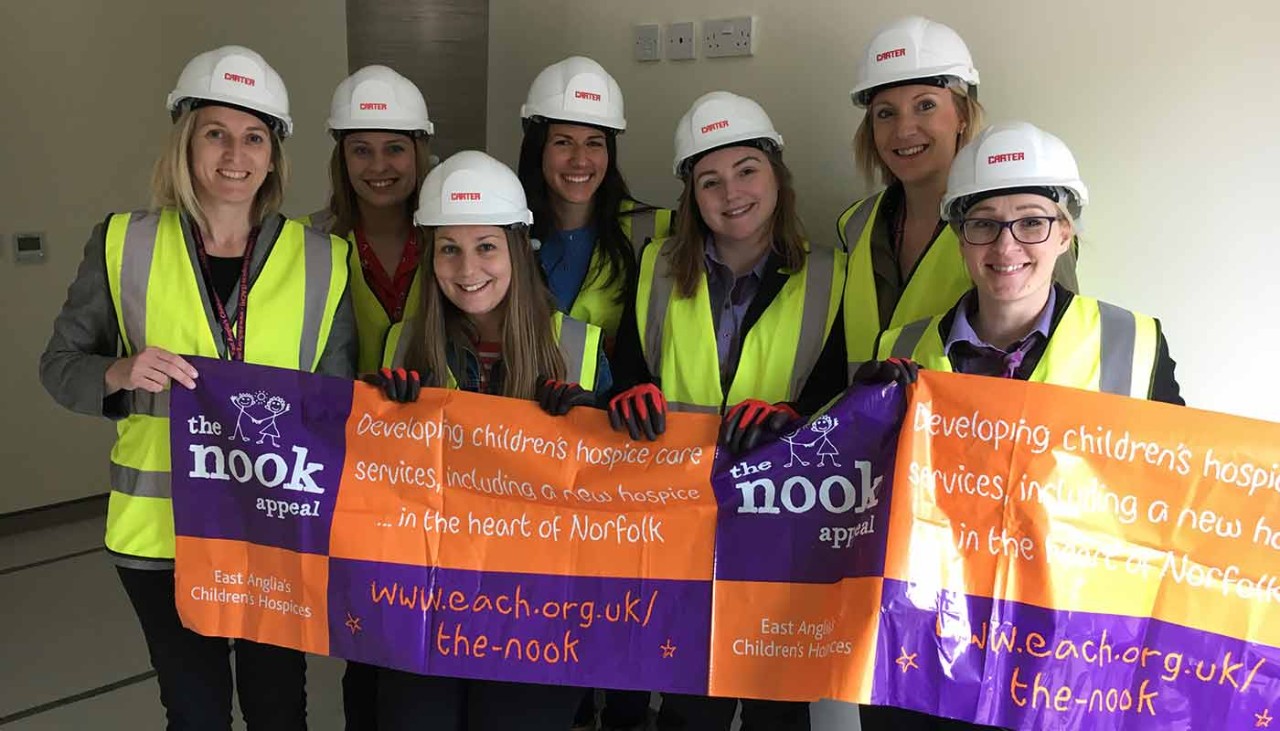 Fundraisers in hard-hats holding charity banner
