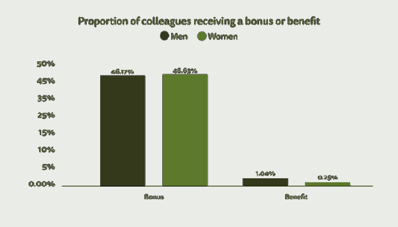 Bar chart showing the proportion of men and women recieving bonus payments in kind. See text description of figure 2 for a full description of the image. See full dataset for all data.