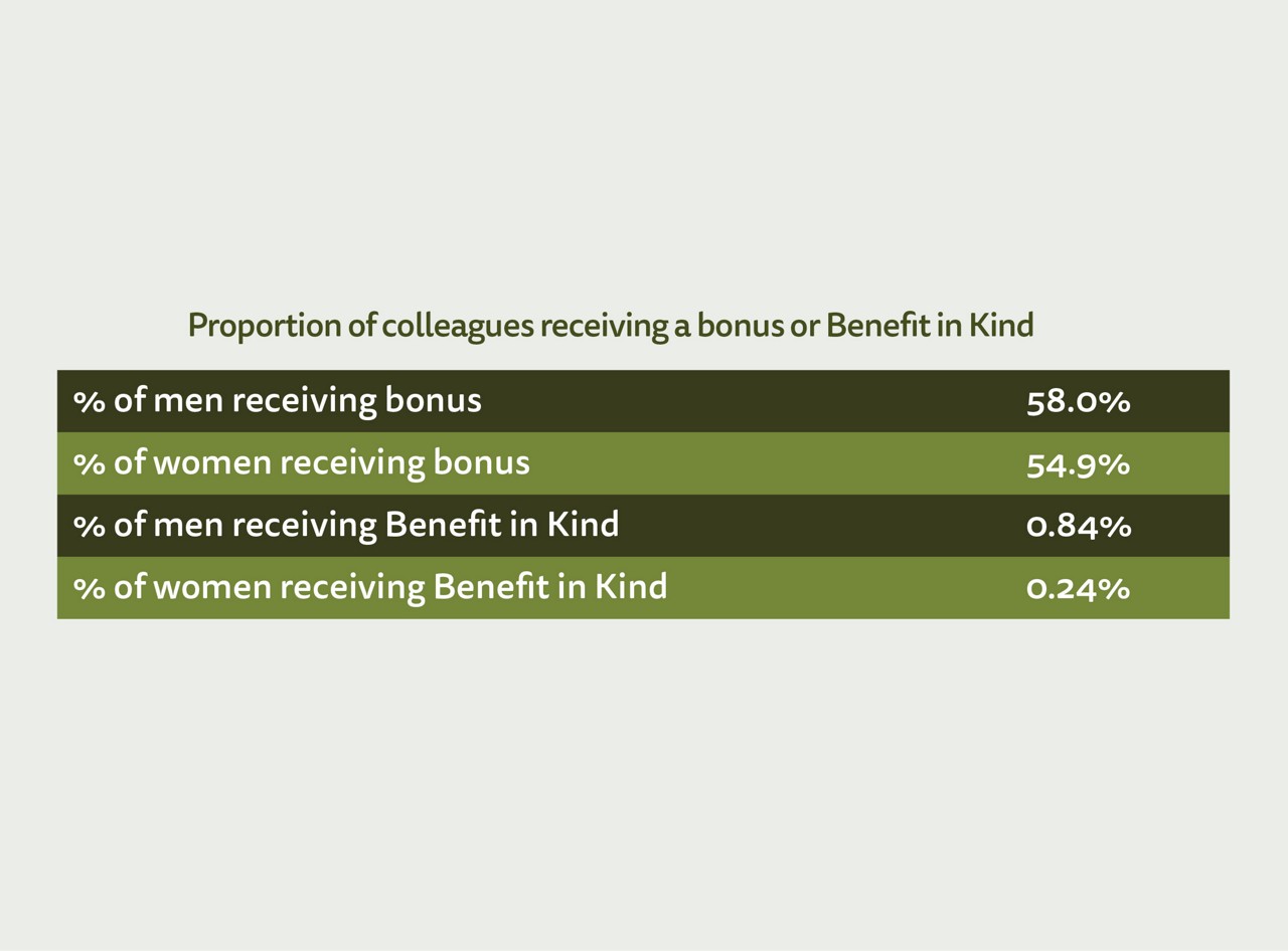 A table showing the proportion of men and women recieving bonus payments in kind. See text description of figure 2 for a full description of the image. See full dataset for all data.