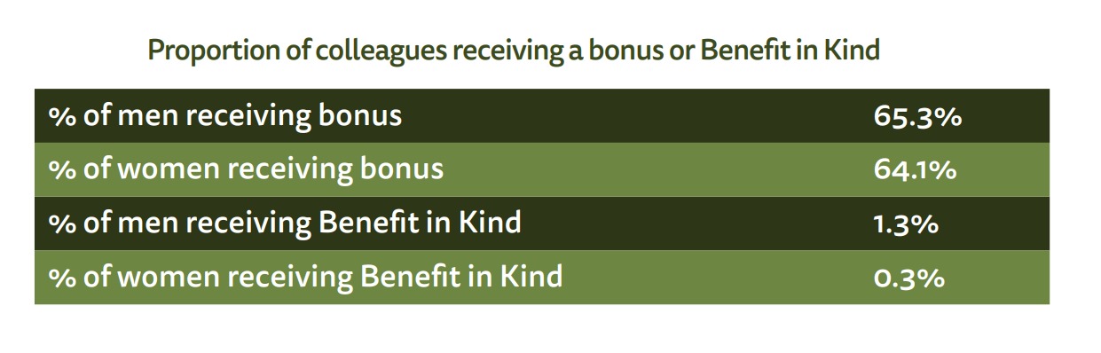 A table showing the proportion of men and women recieving bonus payments in kind. See text description of figure 2 for a full description of the image. See full dataset for all data.
