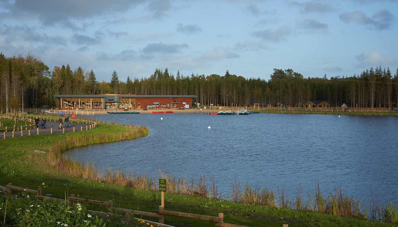 View of lake with path that leads down to the beach, Pancake House with forest in the distance